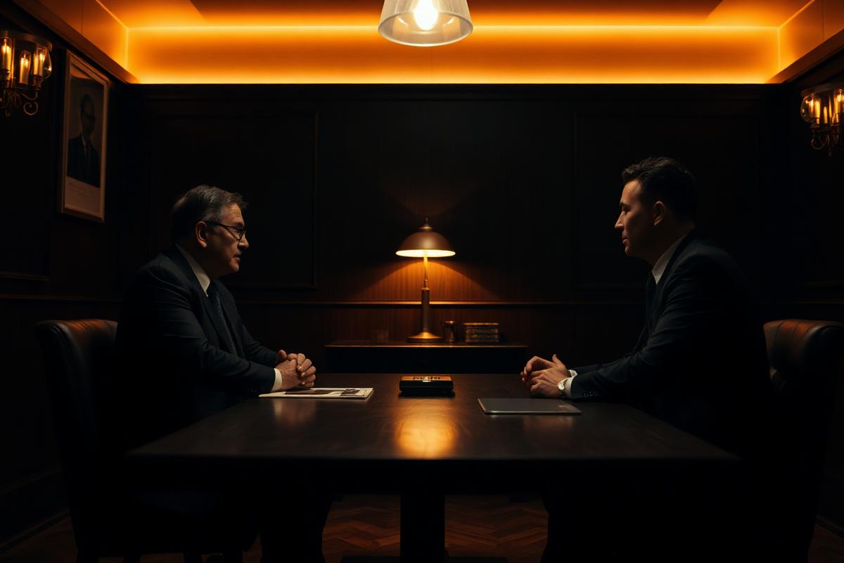 Two executives in close conversation across a dark walnut table in a small boutique search meeting room