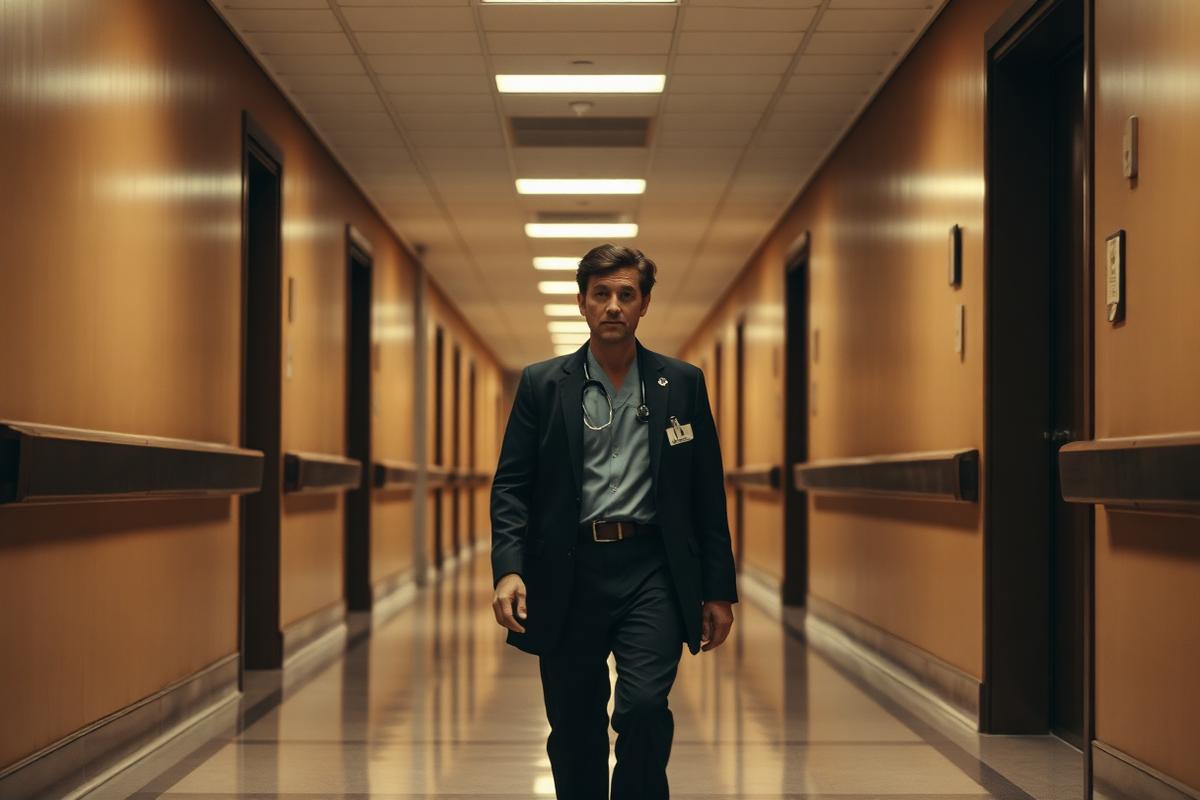 Chief nursing officer in scrubs and a tailored blazer walking a quiet hospital corridor at shift change, lit in warm brass tones