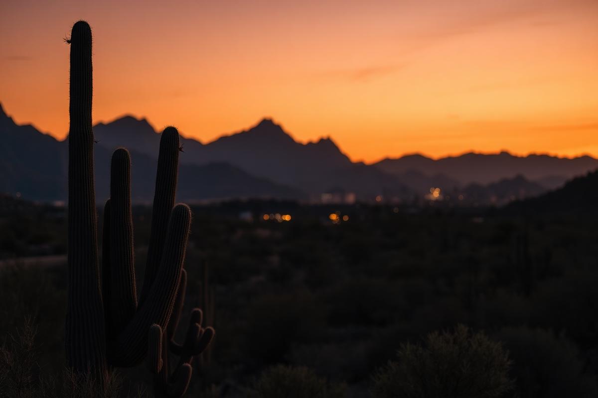 Saguaro cactus silhouettes against a burnt-orange Arizona sunset, with the lights of the Scottsdale valley below